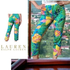 Ralph Lauren Blue Tropical Monstera Floral Cropped Pants Womens Size 16w NWT
